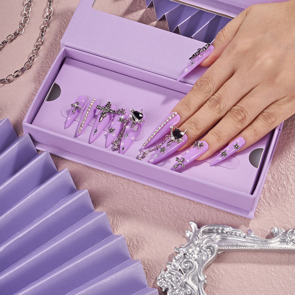 MG84-Violet Planet Long Stiletto(Length:1.7")Handmade Press-on Nails