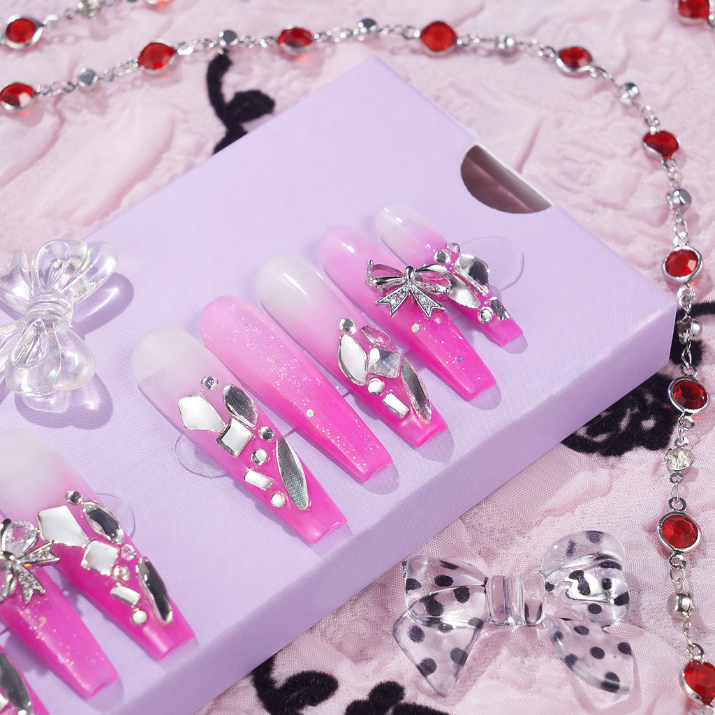 MG121-Fushia Haze Long Coffin(Length:1.7")Handmade Press-on Nails