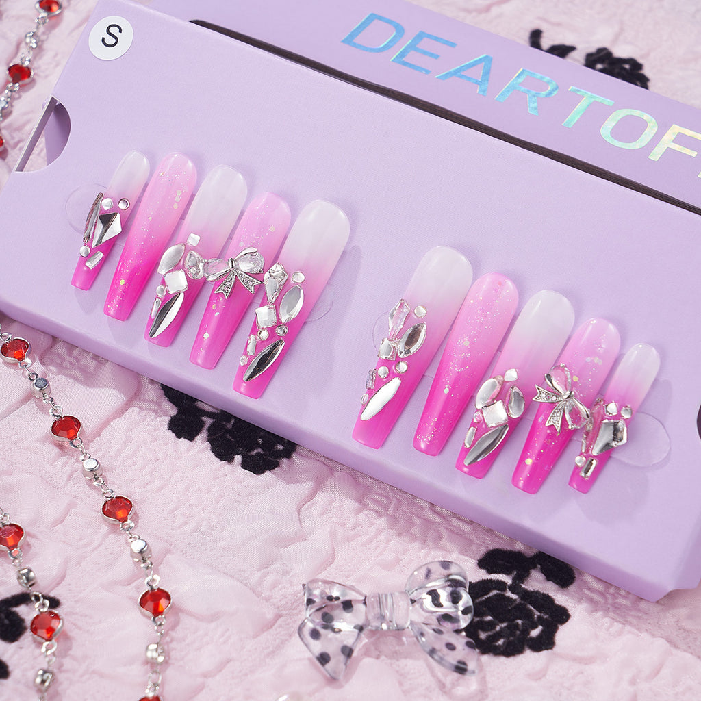 MG121-Fushia Haze Long Coffin(Length:1.7")Handmade Press-on Nails