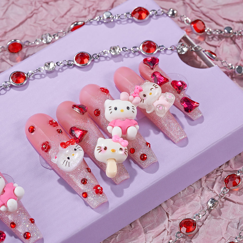 MG133-Sweet Kitty Long Coffin(Length:1.7")Handmade Press-on Nails