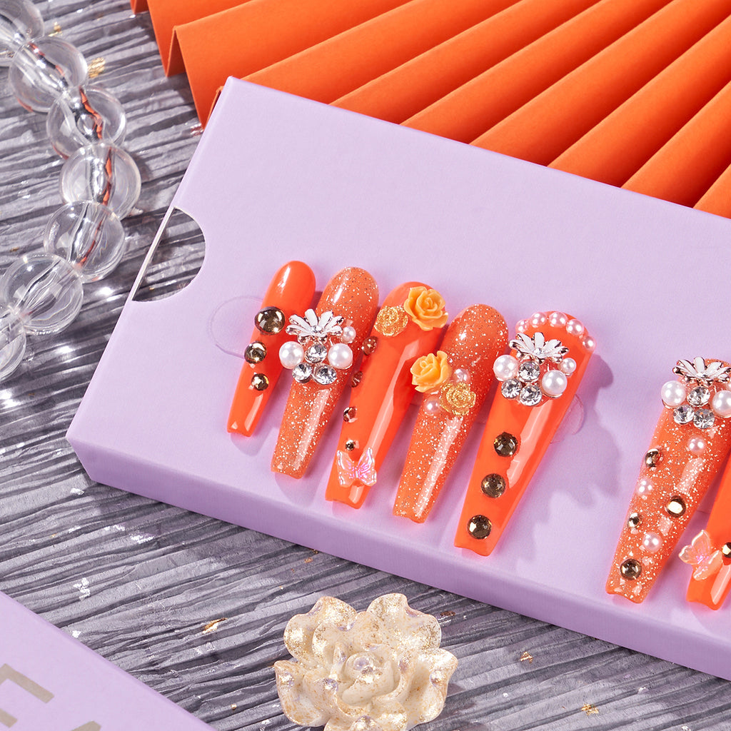 MG83-Sunshine Garden Long Coffin(Length:1.7")Handmade Press-on Nails