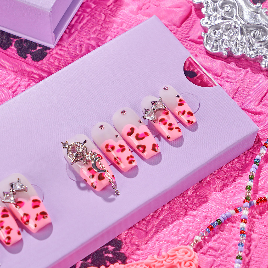 MG97-Pinky Leopard REGULAR COFFIN(Length:1")Handmade Press-on Nails