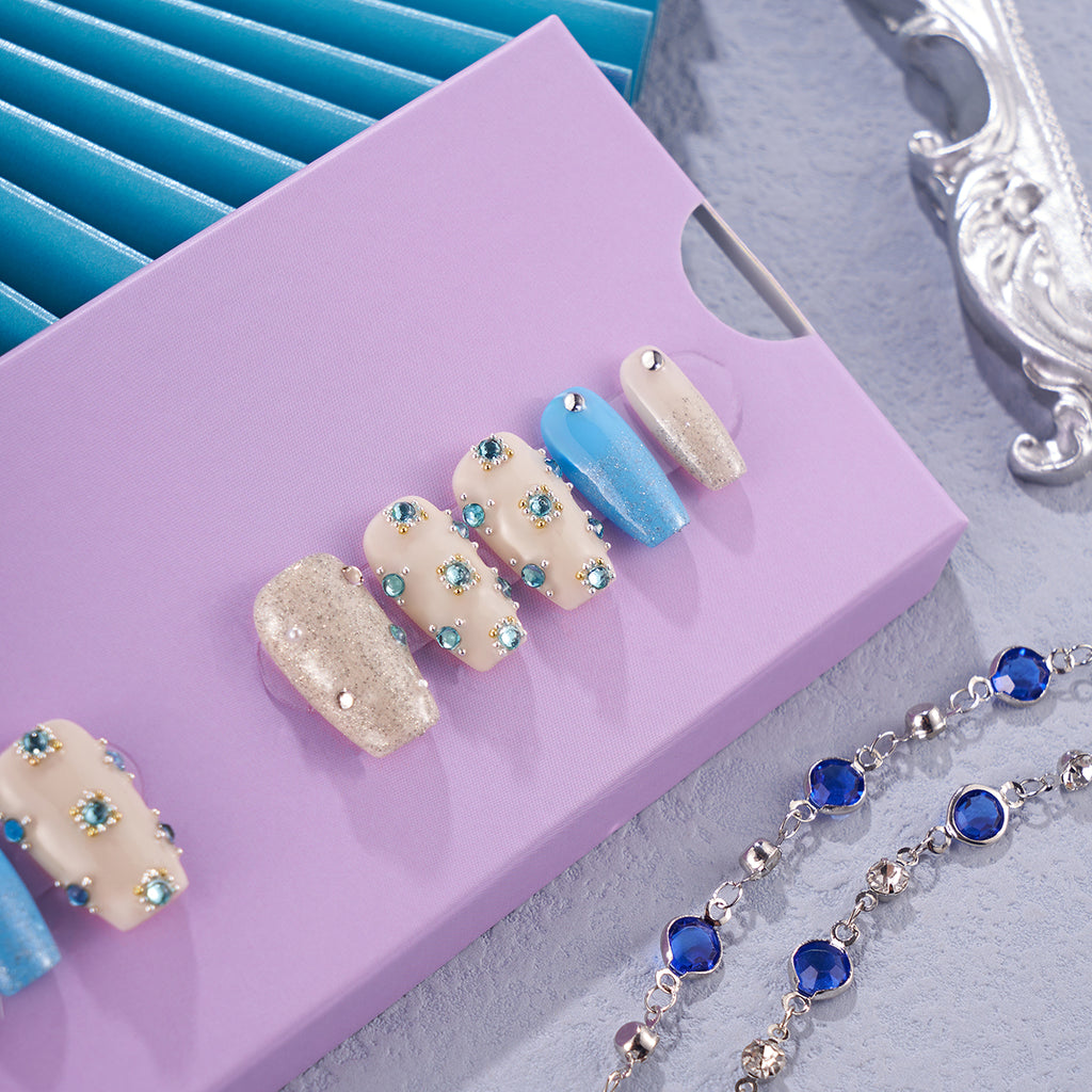 MG112-Blue Elegance SHORT COFFIN(Length:0.8")Handmade Press-on Nails