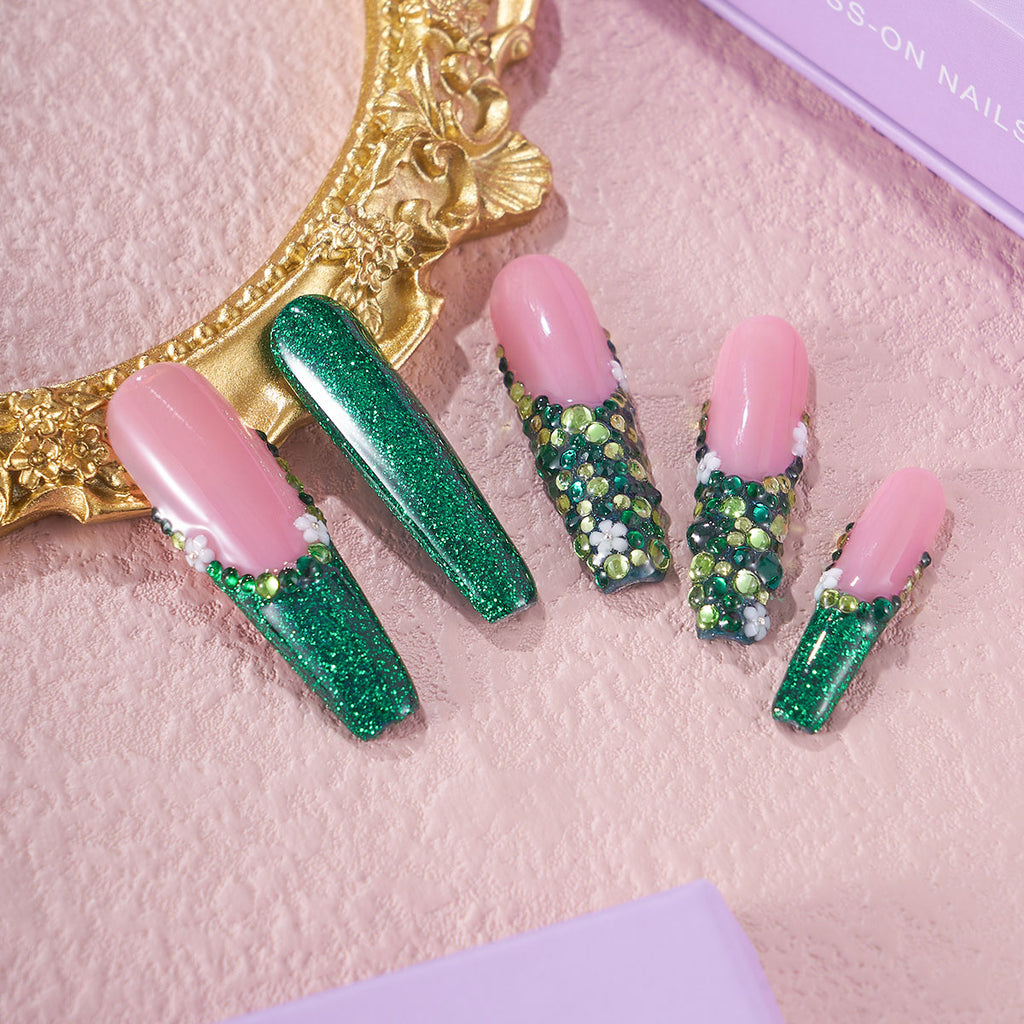 MG115-Jade Bloom Long Coffin(Length:1.7")Handmade Press-on Nails