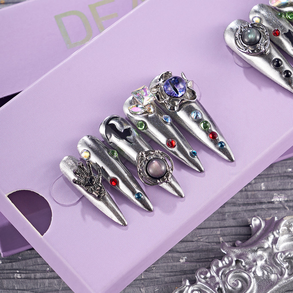 MG140-Silver Smith Long Stiletto(Length:1.7")Handmade Press-on Nails