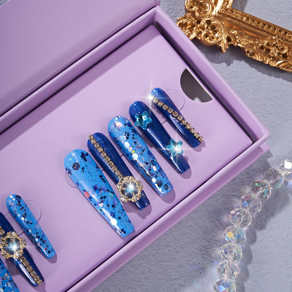 MG55-Royal Azure Long Coffin(Length:1.7")Handmade Press-on Nails