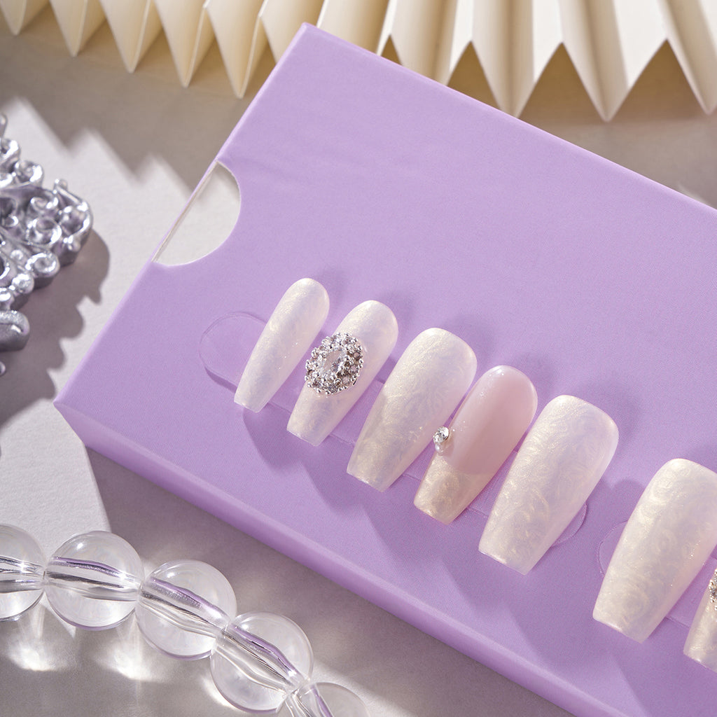 MG95-Marble White REGULAR COFFIN(Length:1")Handmade Press-on Nails