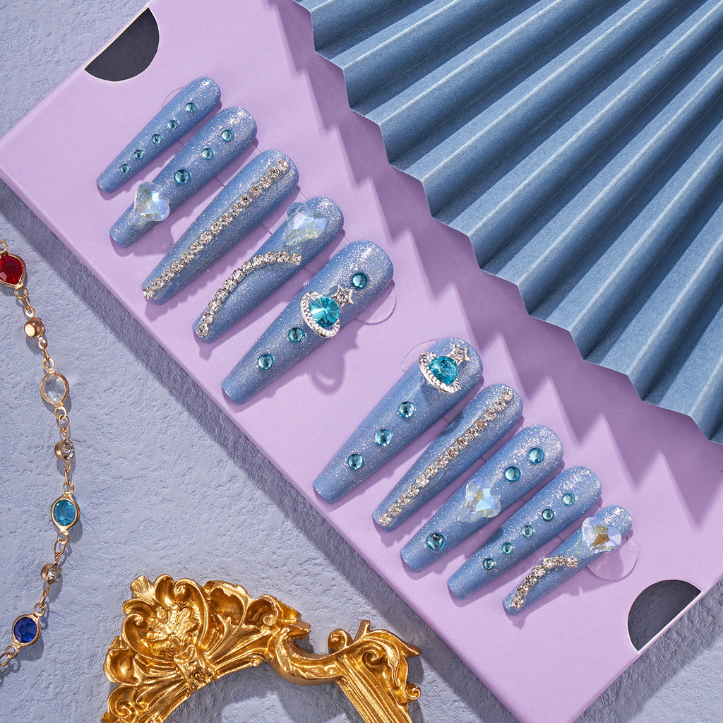 MG102-Blue Planet Long Coffin(Length:1.7")Handmade Press-on Nails