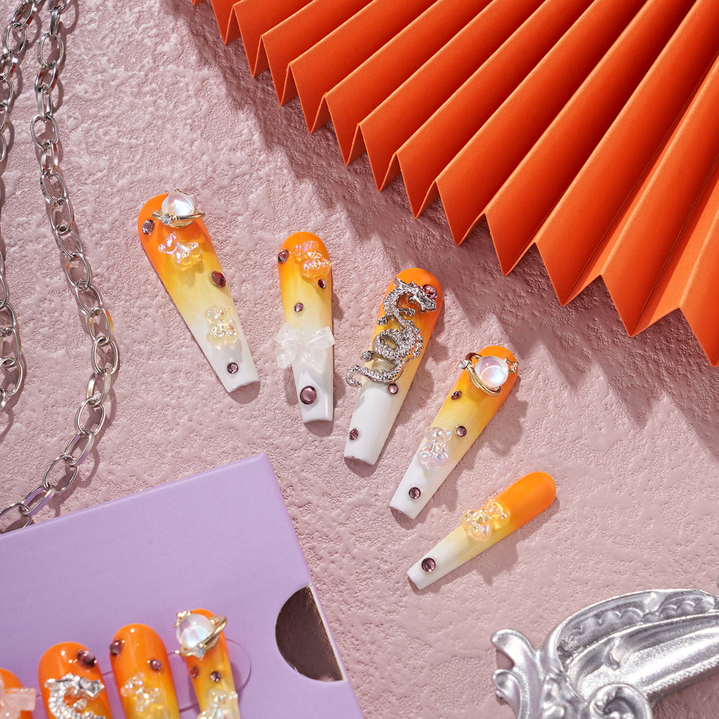 MG86-Candy Corn Long Coffin(Length:1.7")Handmade Press-on Nails