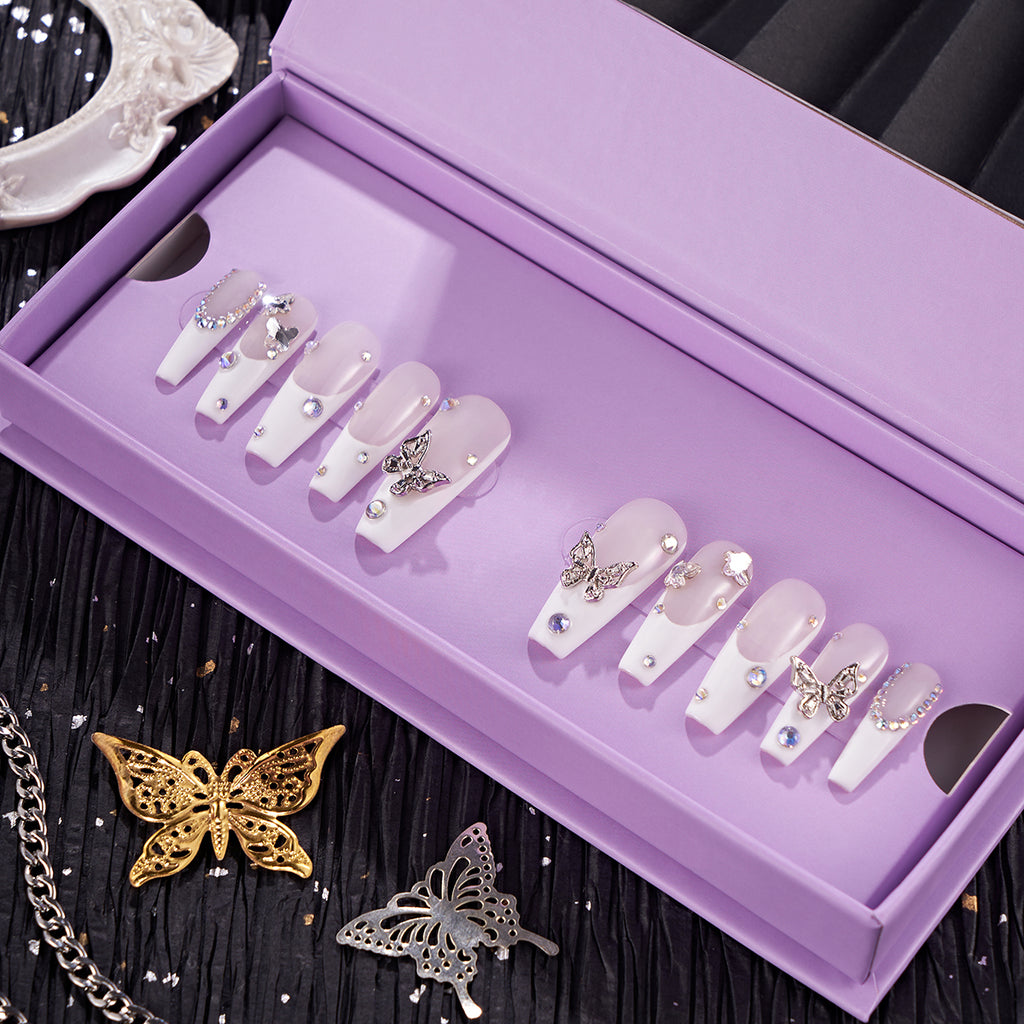 MG99-Snow White MID LENGTH COFFIN(Length:1.2")Handmade Press-on Nails