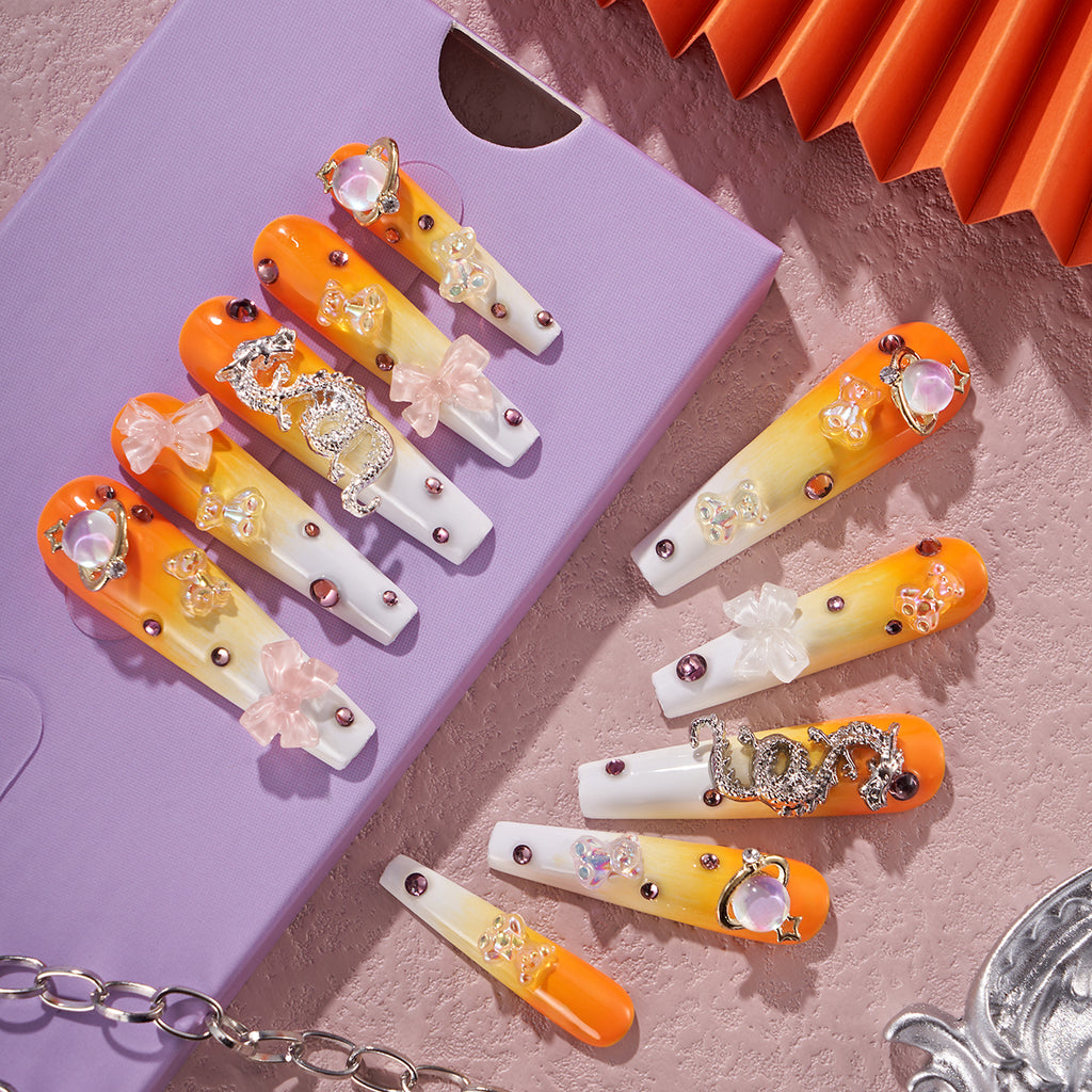 MG86-Candy Corn Long Coffin(Length:1.7")Handmade Press-on Nails