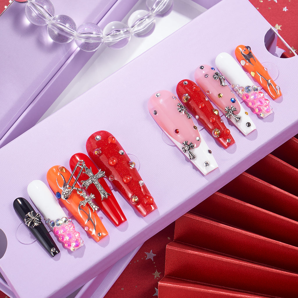 MG119-Color Bubble Long Coffin(Length:1.7")Handmade Press-on Nails