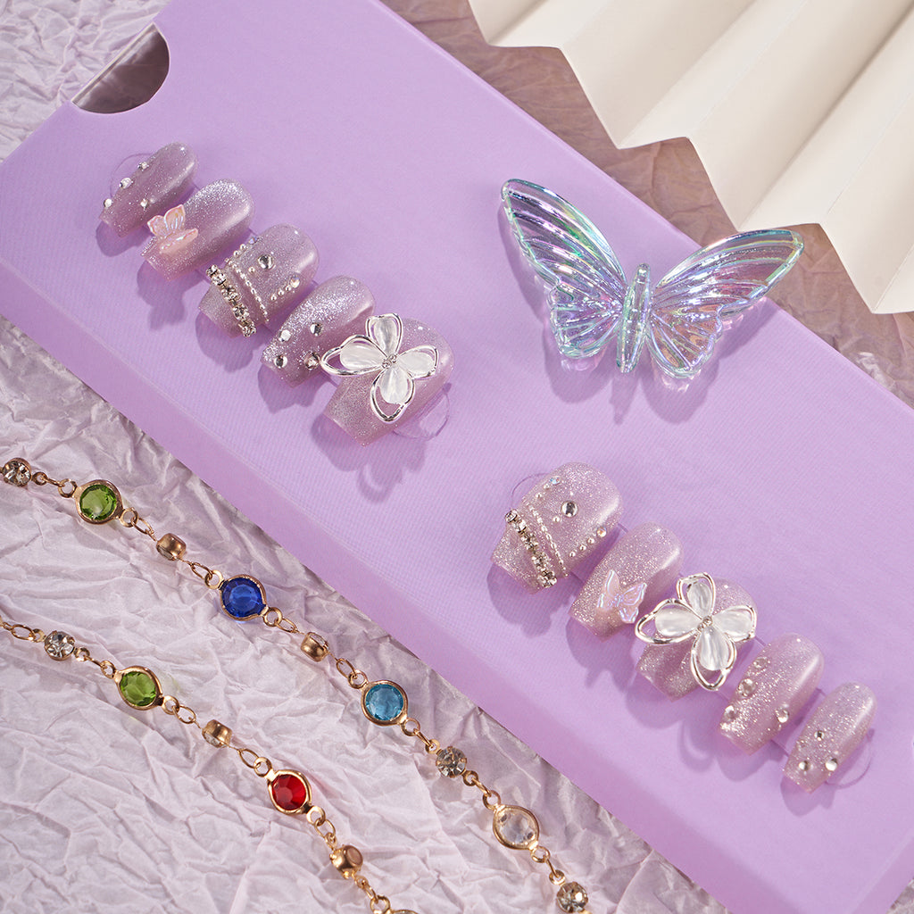 MG98-Butterfly Princess SHORT COFFIN(Length:0.8")Handmade Press-on Nails