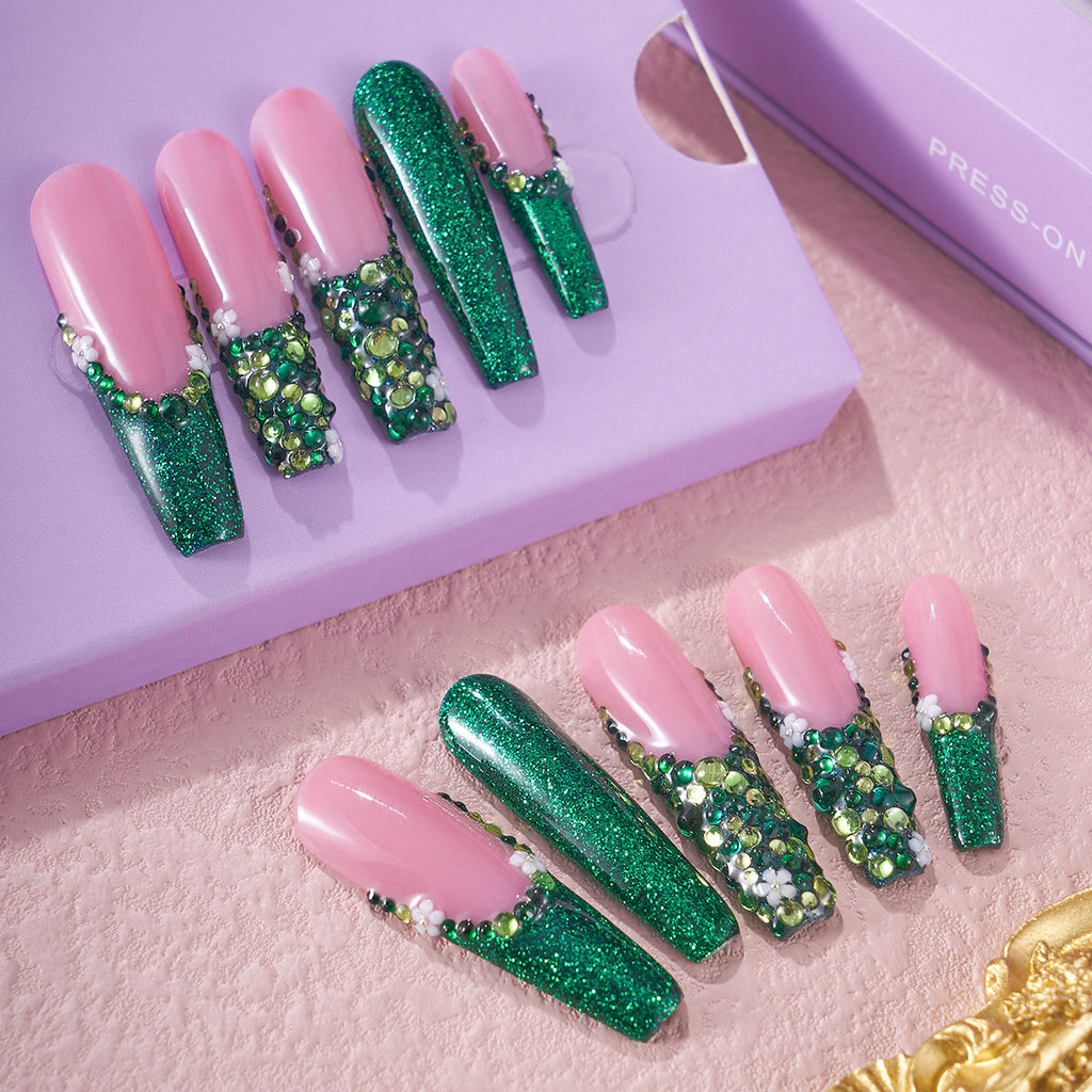 MG115-Jade Bloom Long Coffin(Length:1.7")Handmade Press-on Nails