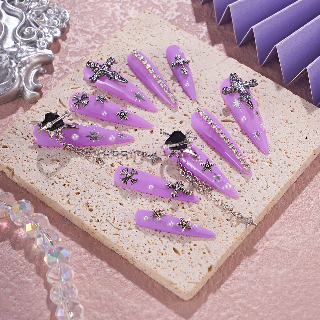 MG84-Violet Planet Long Stiletto(Length:1.7")Handmade Press-on Nails