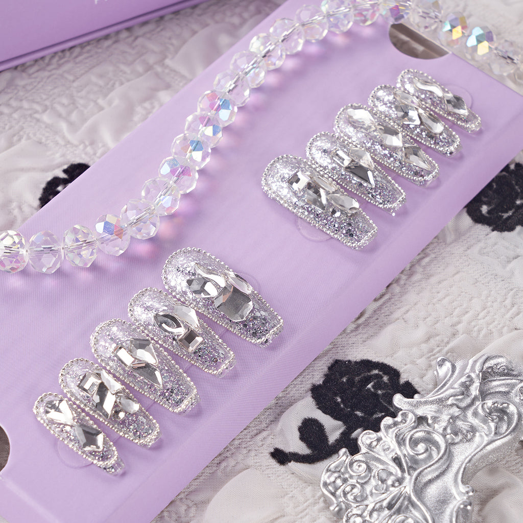 MG123-Icy Shiny MID LENGTH COFFIN(Length:1.2")Handmade Press-on Nails