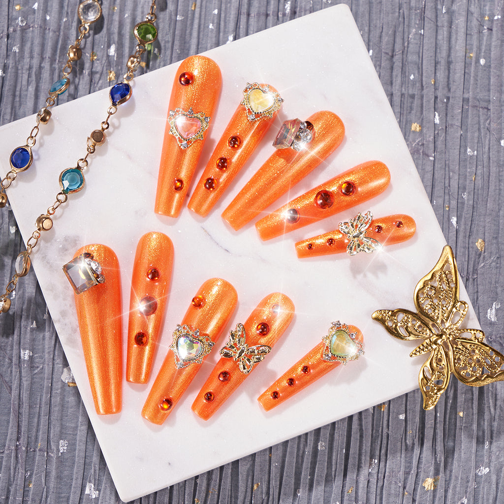 MG90-Citrus Gleam Long Coffin(Length:1.7")Handmade Press-on Nails