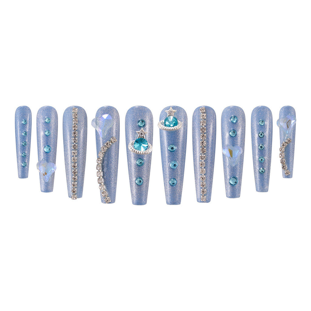 MG102-Blue Planet Long Coffin(Length:1.7")Handmade Press-on Nails