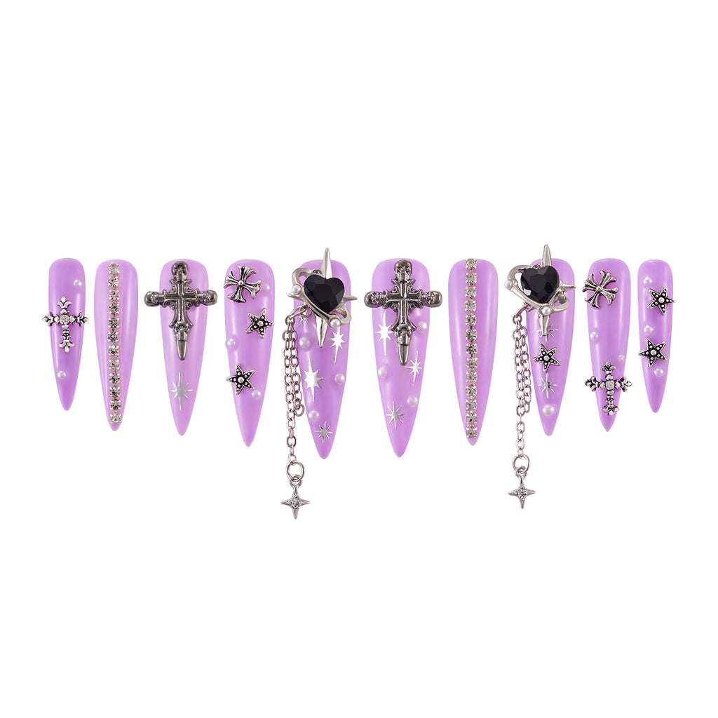 MG84-Violet Planet Long Stiletto(Length:1.7")Handmade Press-on Nails