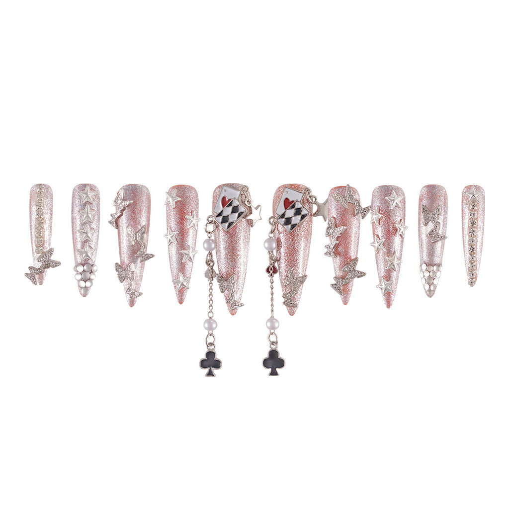 MG52-Poker Player Long Stiletto(Length:1.7")Handmade Press-on Nails