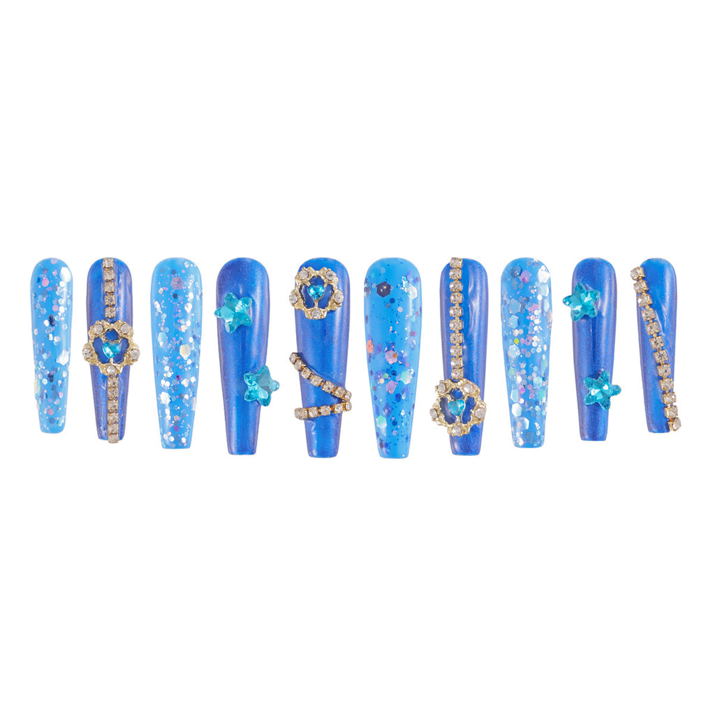 MG55-Royal Azure Long Coffin(Length:1.7")Handmade Press-on Nails