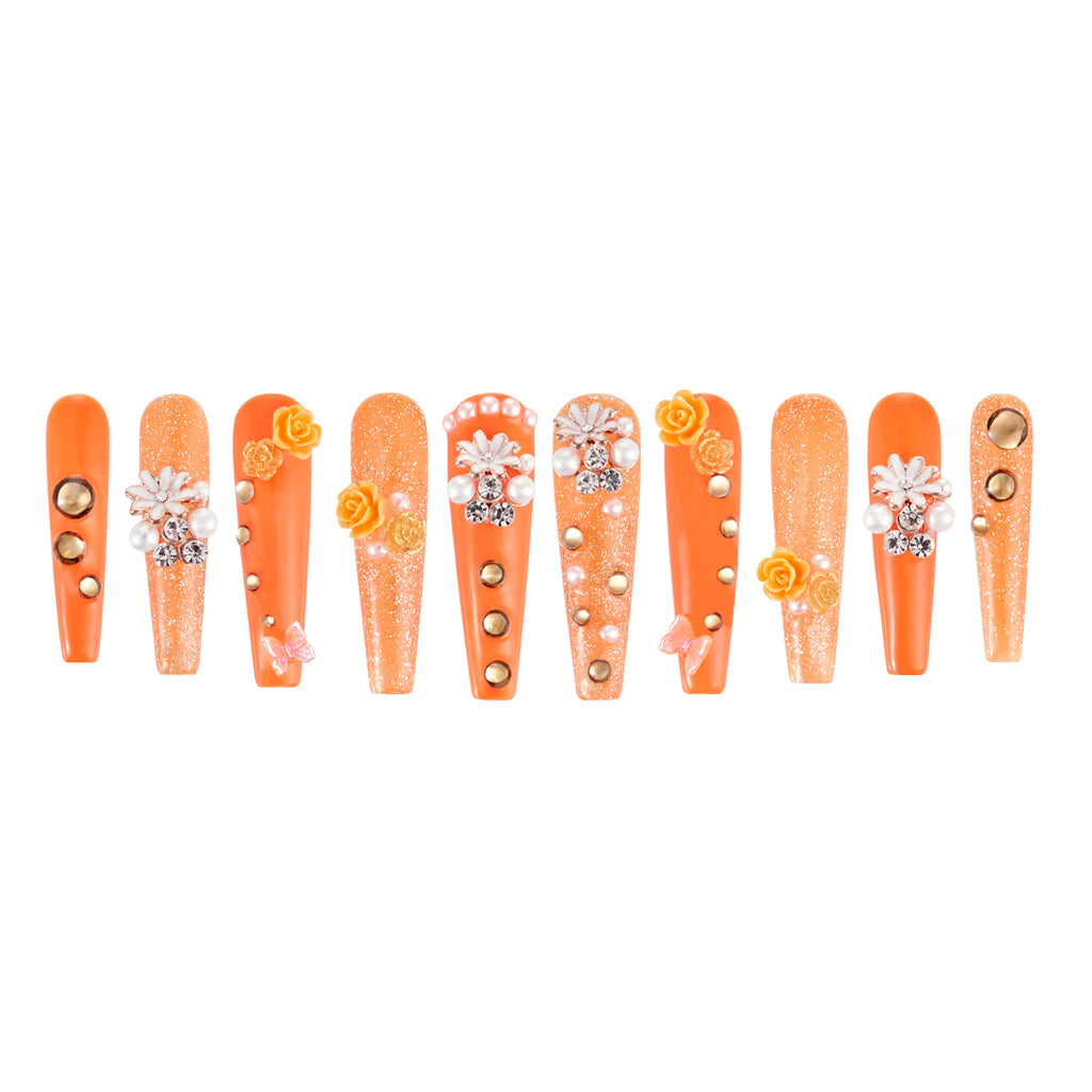 MG83-Sunshine Garden Long Coffin(Length:1.7")Handmade Press-on Nails