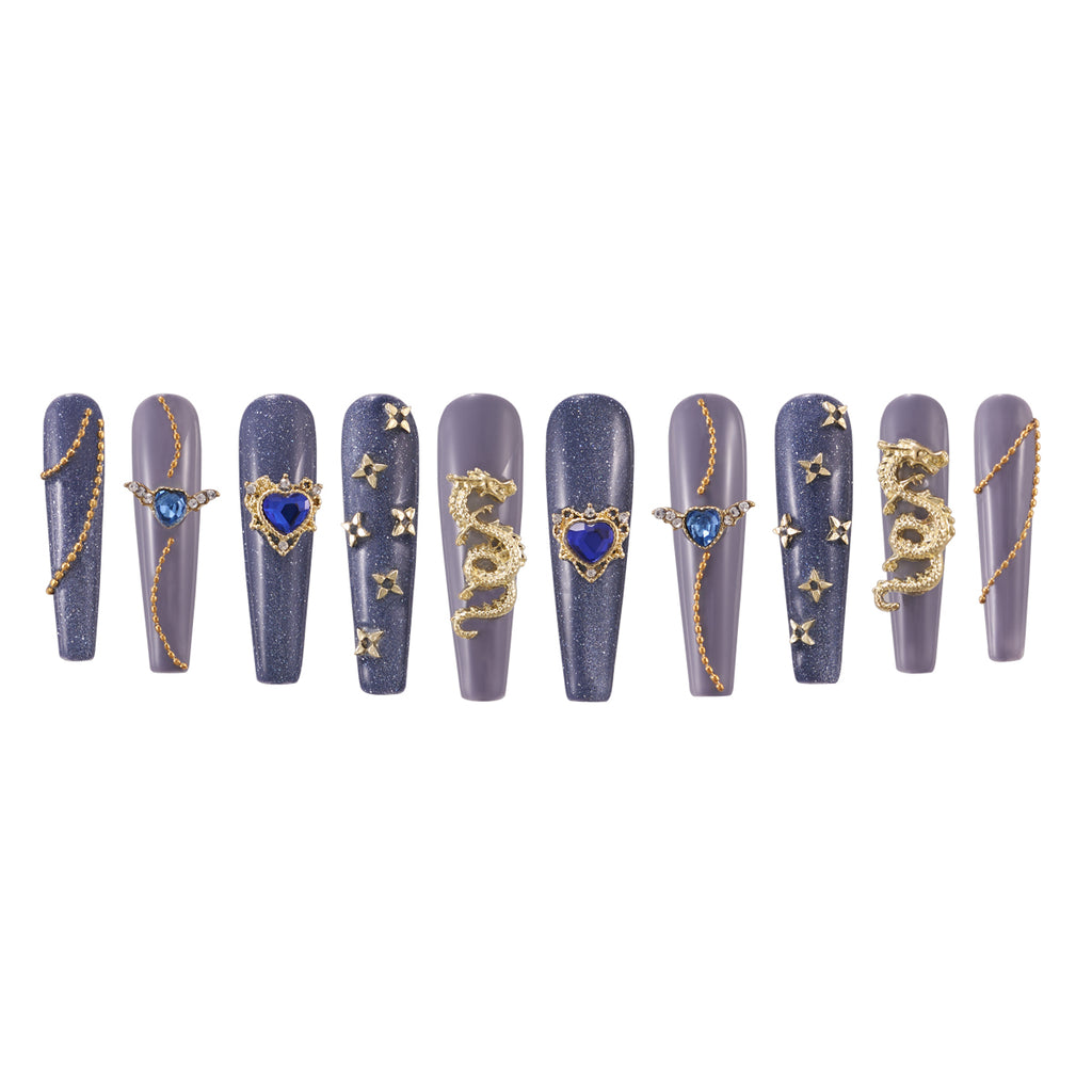 MG103-Midnight Indigo Long Coffin(Length:1.7")Handmade Press-on Nails