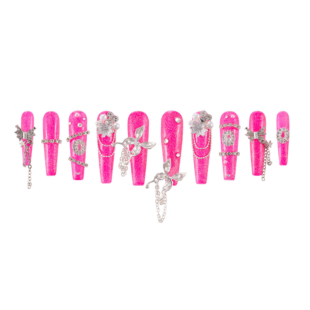 MG79-Pinky Flame Long Coffin(Length:1.7") Handmade Press-on Nails