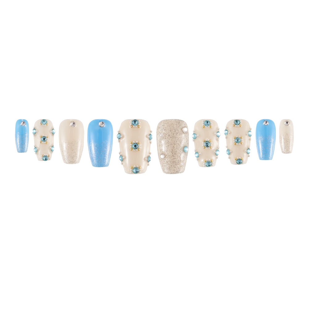 MG112-Blue Elegance SHORT COFFIN(Length:0.8")Handmade Press-on Nails