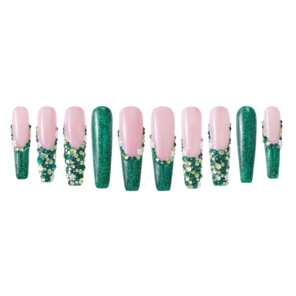 MG115-Jade Bloom Long Coffin(Length:1.7")Handmade Press-on Nails