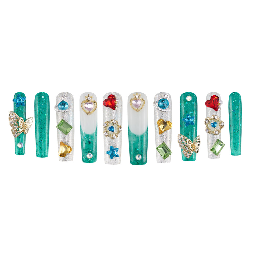 MG139-Emerald Luxe LONG SQUARE(Length:1.8")Handmade Press-on Nails